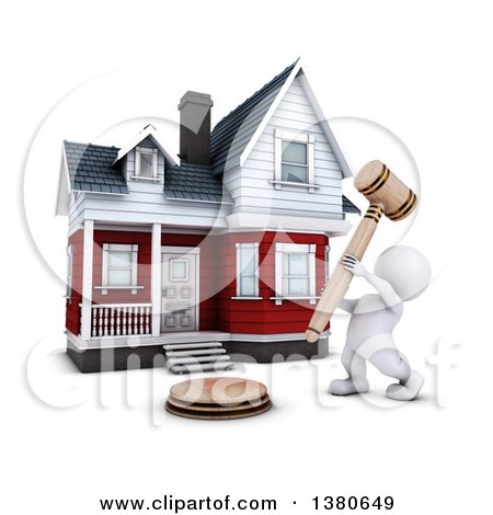 Clipart of a 3d White Man Auctioneer Banging a Gavel in Front of a Home, on a White Background - Royalty Free Illustration by KJ Pargeter