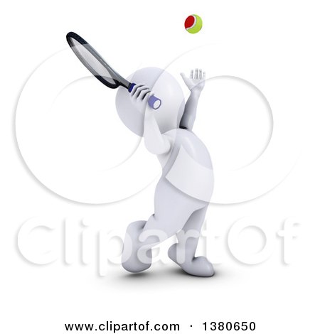 Clipart of a 3d White Man Playing Tennis, on a White Background - Royalty Free Illustration by KJ Pargeter
