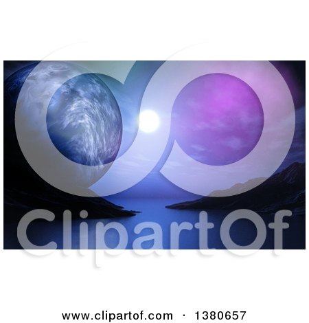 Clipart of a 3d Fictional Sea Scape, Planet and Moon - Royalty Free Illustration by KJ Pargeter