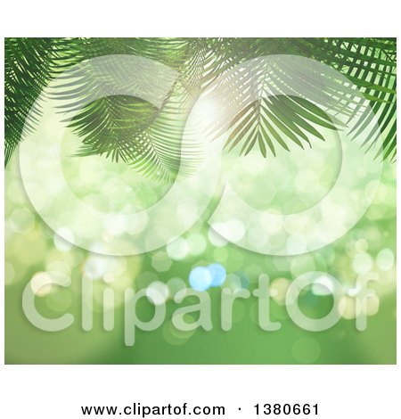 Clipart of a Background of 3d Palms Against Green with Bokeh Flares - Royalty Free Illustration by KJ Pargeter