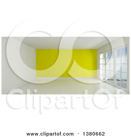 Clipart of a 3d Empty Room Interior with Floor to Ceiling Windows, White Flooring, and a Yellow Feature Wall - Royalty Free Illustration by KJ Pargeter