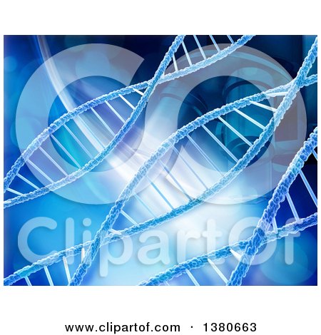 Clipart of a 3d Background of a Microscope and Dna Strands in Blue - Royalty Free Illustration by KJ Pargeter
