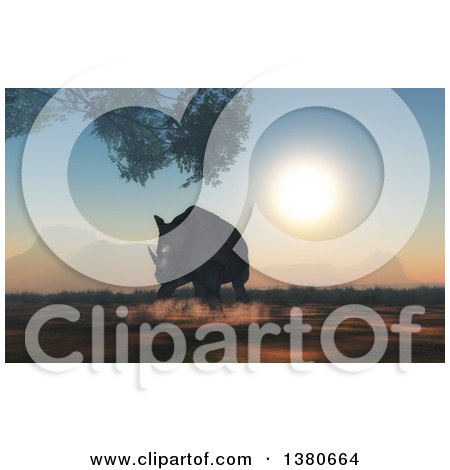 Clipart of a 3d Charging Rhino Against a Sunset - Royalty Free Illustration by KJ Pargeter
