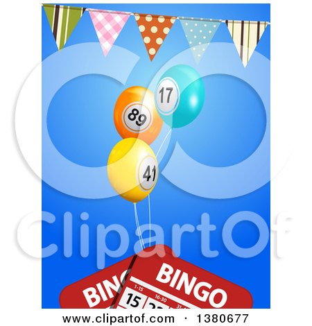 Clipart of a 3d Bunting Banner over Bingo Ball Balloons and Cards on Blue - Royalty Free Vector Illustration by elaineitalia