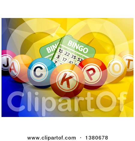 Clipart of 3d Jackpot Bingo Balls over Cards and a Geometric Background - Royalty Free Vector Illustration by elaineitalia