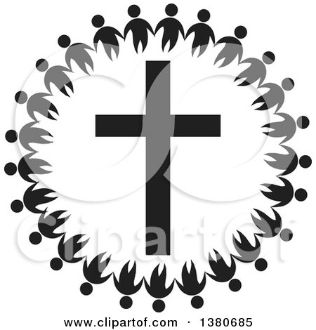 Clipart of a Black and White Unity Circle of People Holding Hands Around a Cross - Royalty Free Vector Illustration by Johnny Sajem