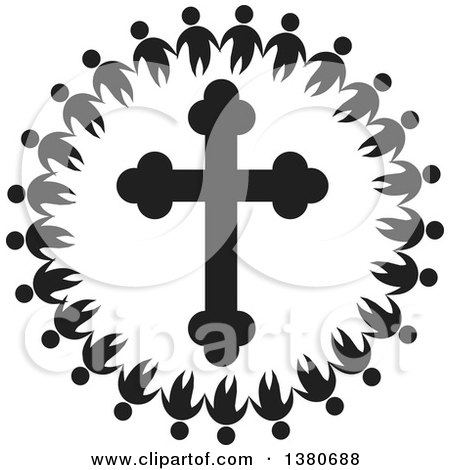 Clipart of a Black and White Unity Circle of People Holding Hands Around an Orthodox Cross - Royalty Free Vector Illustration by Johnny Sajem