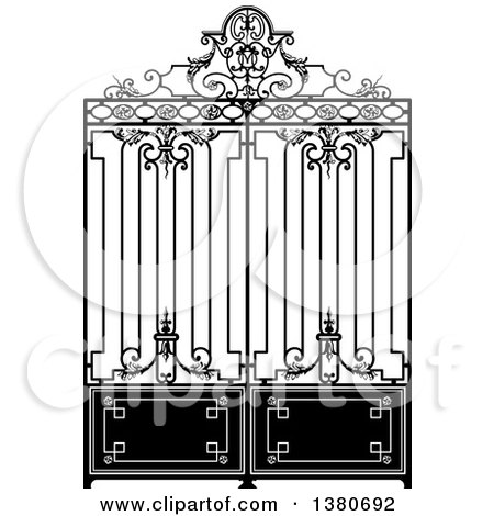 Clipart of a Vintage Black and White Ornate Wrought Iron Gate - Royalty Free Vector Illustration by Frisko