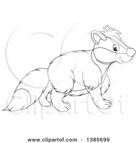 Clipart of a Black and White Lineart Honey Badger Walking - Royalty Free Vector Illustration by Alex Bannykh