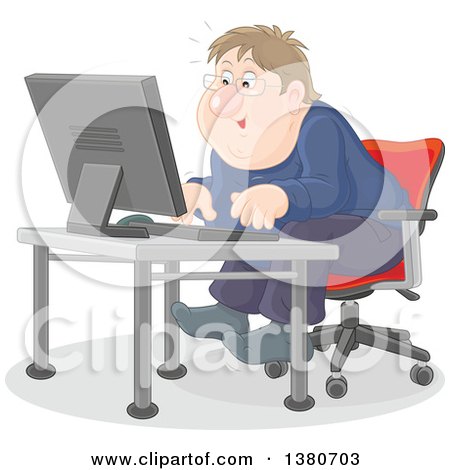 Clipart of a Chubby White Man Looking Excited and Sitting at a Computer Desk - Royalty Free Vector Illustration by Alex Bannykh