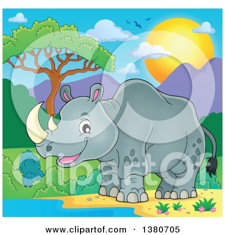 Clipart of a Happy Rhinceros by a Watering Hole - Royalty Free Vector Illustration by visekart
