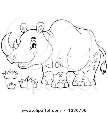 Clipart of a Black and White Lineart Happy Rhinceros - Royalty Free Vector Illustration by visekart