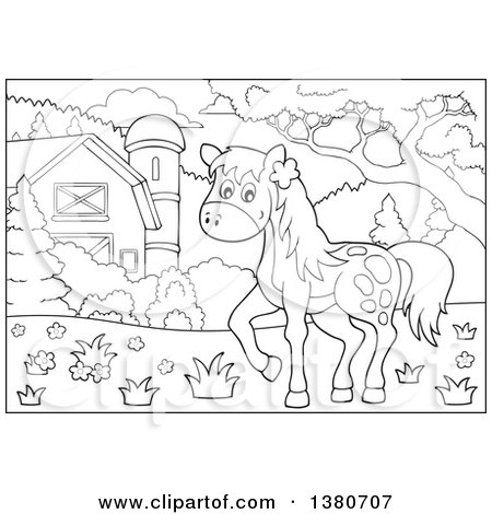 Clipart of a Black and White Lineart Horse in a Barnyard - Royalty Free Vector Illustration by visekart
