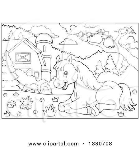 Clipart of a Black and White Lineart Horse Resting in a Barnyard - Royalty Free Vector Illustration by visekart
