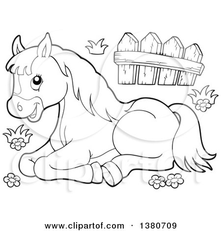 Clipart of a Black and White Lineart Resting Pony - Royalty Free Vector Illustration by visekart