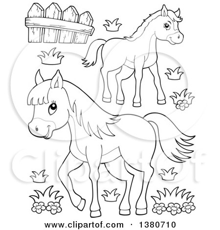 Clipart of Black and White Lineart Pony and Horse - Royalty Free Vector Illustration by visekart