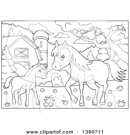 Clipart of Black and White Lineart Pony and Horse in a Barnyard - Royalty Free Vector Illustration by visekart
