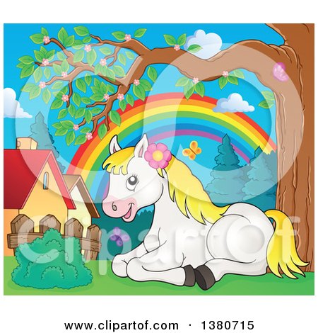 Clipart of a Cute White and Blond Pony Resting near Homes and a Rainbow in the Spring - Royalty Free Vector Illustration by visekart