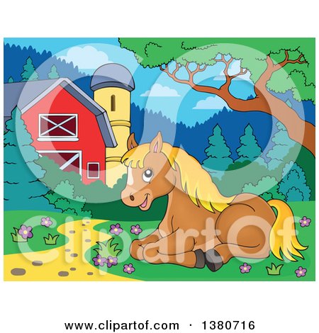 Clipart of a Cute Brown and Blond Pony Resting Under a Tree - Royalty Free Vector Illustration by visekart