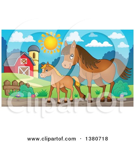 Clipart of a Cute Brown Foal and Horse in a Barnyard - Royalty Free Vector Illustration by visekart