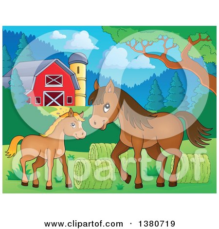 Clipart of a Cute Brown Foal and Horse near Hay Rolls in a Barnyard - Royalty Free Vector Illustration by visekart