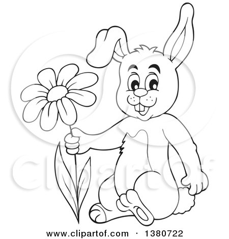 Clipart of a Black and White Lineart Bunny Rabbit Holding a Flower - Royalty Free Vector Illustration by visekart