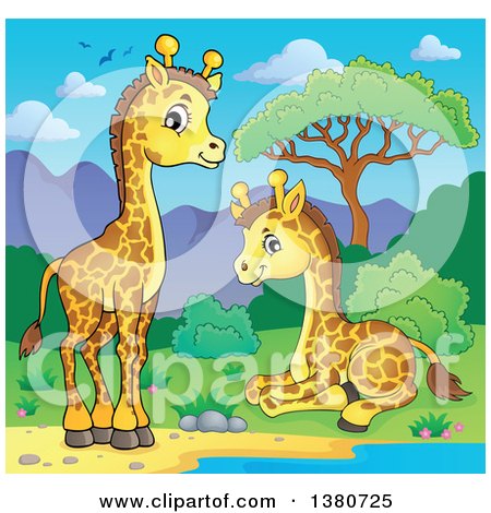 Clipart of a Cute Baby Giraffe and Mother at a Watering Hole - Royalty Free Vector Illustration by visekart