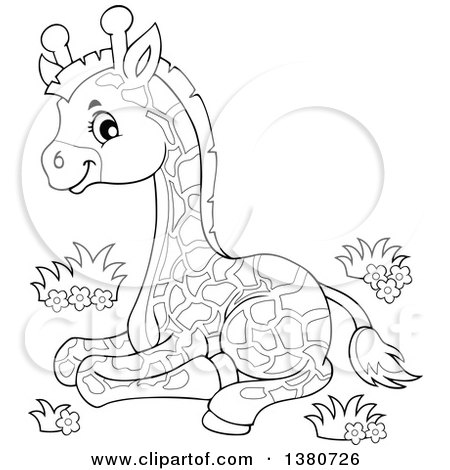 Clipart of a Black and White Lineart Cute Baby Giraffe Resting - Royalty Free Vector Illustration by visekart