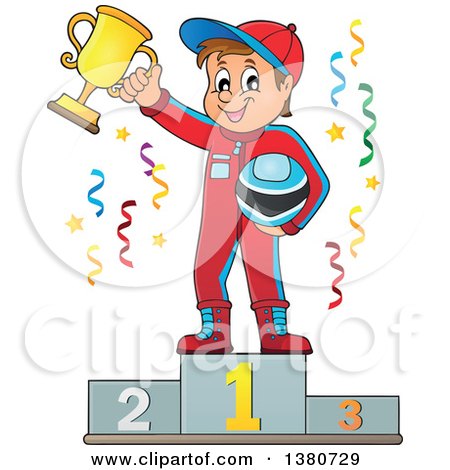 Clipart of a Race Car Driver Holding His Helmet and First Place Trophy on a Podium - Royalty Free Vector Illustration by visekart