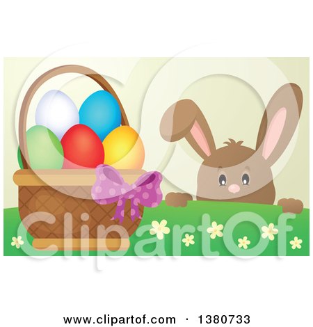 Clipart of a Brown Bunny Rabbit Peeking over a Hill at an Easter Basket Full of Eggs - Royalty Free Vector Illustration by visekart