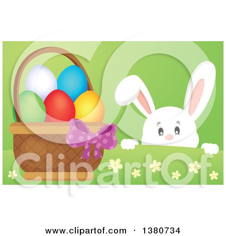 Clipart of a White Bunny Rabbit Peeking over a Hill at an Easter Basket Full of Eggs - Royalty Free Vector Illustration by visekart