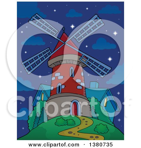 Clipart of a Brick Windmill and House on Top of a Hill Against a Night Sky - Royalty Free Vector Illustration by visekart