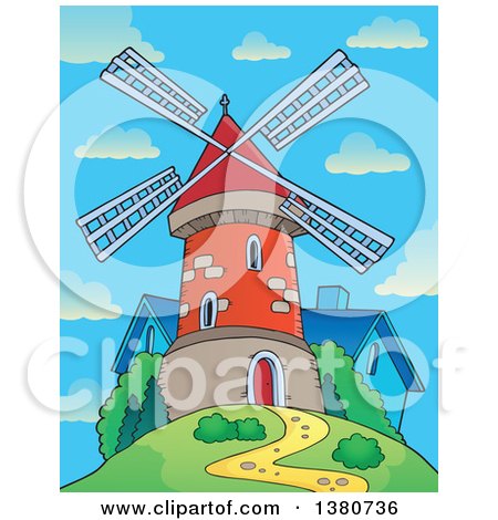 Clipart of a Brick Windmill and House on Top of a Hill Against a Day Sky - Royalty Free Vector Illustration by visekart