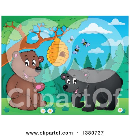 Clipart of a Busy Bee Hive and a Happy Bears - Royalty Free Vector Illustration by visekart