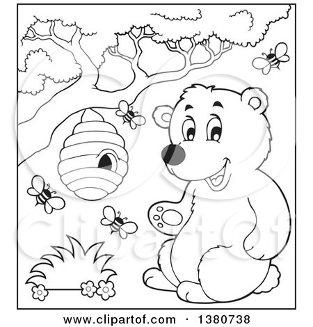 Clipart of a Black and White Lineart Busy Bee Hive and a Happy Bear - Royalty Free Vector Illustration by visekart