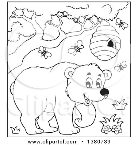 Clipart of a Black and White Lineart Busy Bee Hive and a Happy Bear - Royalty Free Vector Illustration by visekart