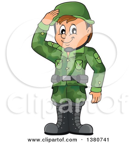 Clipart of a Happy Brunette White Male Soldier Saluting - Royalty Free Vector Illustration by visekart