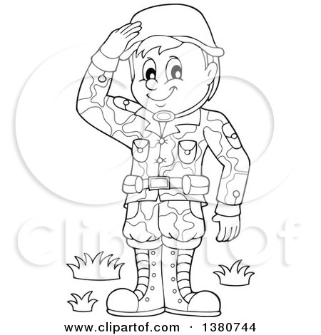 Clipart of a Black and White Happy Male Soldier Saluting - Royalty Free Vector Illustration by visekart