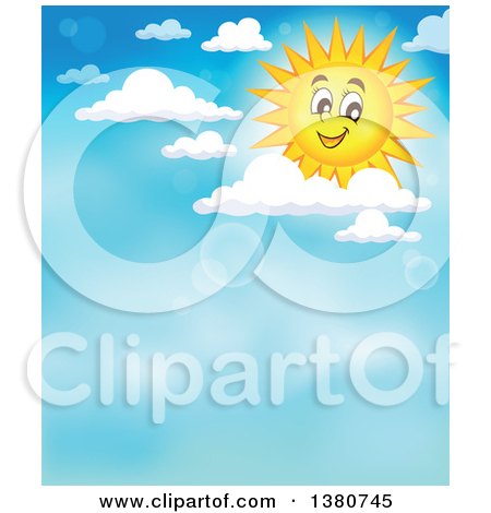 Clipart of a Happy Sun Character with Clouds and Flares in a Blue Sky - Royalty Free Vector Illustration by visekart