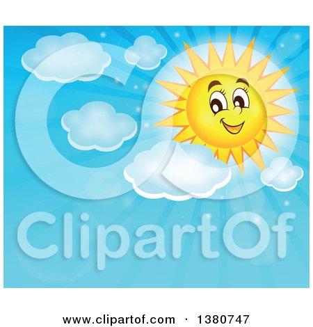 Clipart of a Happy Sun Character with Clouds and Rays in a Blue Sky - Royalty Free Vector Illustration by visekart