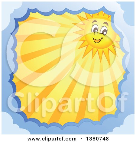 Clipart of a Happy Sun Character with Rays in a Border of Clouds - Royalty Free Vector Illustration by visekart
