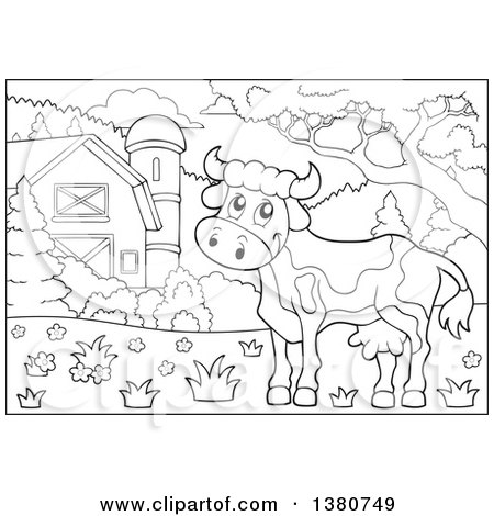 Clipart of a Black and White Lineart Cow in a Barnyard - Royalty Free Vector Illustration by visekart