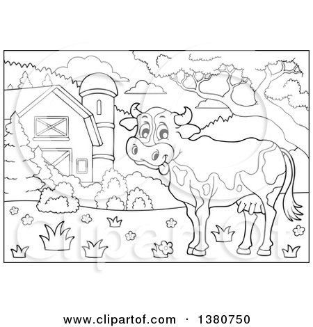 Clipart of a Black and White Lineart Cow in a Barnyard - Royalty Free Vector Illustration by visekart
