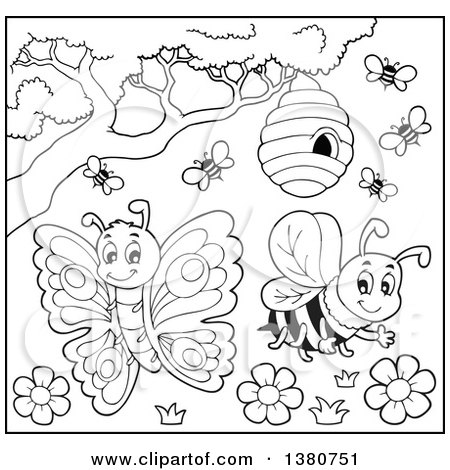Clipart of a Black and White Busy Bee Hive and Insects - Royalty Free Vector Illustration by visekart