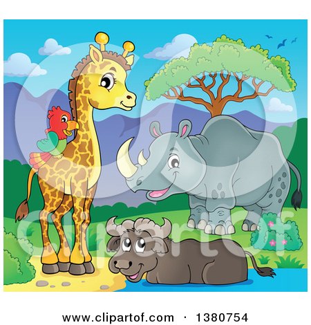 Clipart of a Happy Rhinceros, Water Buffalo, Giraffe and Parrot at a Pond - Royalty Free Vector Illustration by visekart