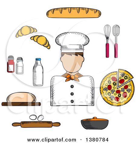 Clipart of a Sketched Baker, Pizza and Baguette, Croissant and Milk, Eggs and Dough, Chopping Board and Cutlery, Salt, Pepper and Pot - Royalty Free Vector Illustration by Vector Tradition SM