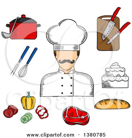 Clipart of a Sketched Male Chef with Bread, Beef Steak, Pot with Ladle, Tiered Cake, Sliced Fresh Vegetables, Chopping Board with Knives, Whisk and Fork - Royalty Free Vector Illustration by Vector Tradition SM