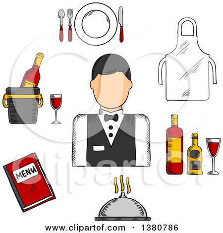 Clipart of a Sketched Waiter in Uniform, Bow Tie Encircled by Menu Book, Apron, Tray with Bottles and Glass, Champagne in Ice Bucket, Plate with Fork, Knife and Spoon, Silver Cloche - Royalty Free Vector Illustration by Vector Tradition SM