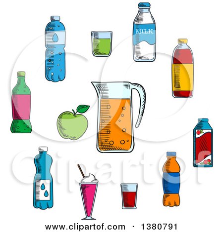 Clipart of Sketched Beverages and Drinks with Pitcher and Fresh Apple Encircled by Water, Milk, Juice and Soda Bottles, Lemonade and Cocktails - Royalty Free Vector Illustration by Vector Tradition SM