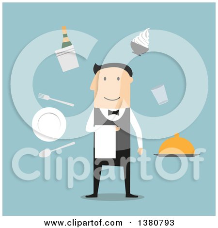 Clipart of a Flat Design Male Waiter Surrounded by Dinner Set, Champagne and Ice Bucket, Ice Cream Sundae and Fried Chicken, Silver Tray and Restaurant Bill, on Blue - Royalty Free Vector Illustration by Vector Tradition SM